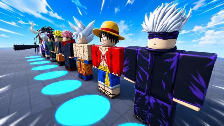 Anime Ability Arena characters lined up in the Roblox arena